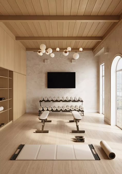 Home Gym Luxury Design, Japandi Home Gym, Gym Room In House, Japandi Gym, At Home Yoga Studio, Luxury Garage Interior, Sport Room Ideas, House Gym Ideas, Fitness Studio Design Ideas