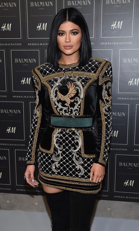 Kylie Jenner | Pinterest mdoretto Kylie Jenner Balmain, Kylie And Tyga, The Jenners, Embroidered Beads, Balmain Dress, Eagle Dress, Kyle Jenner, Dress Hire, Kristen Jenner