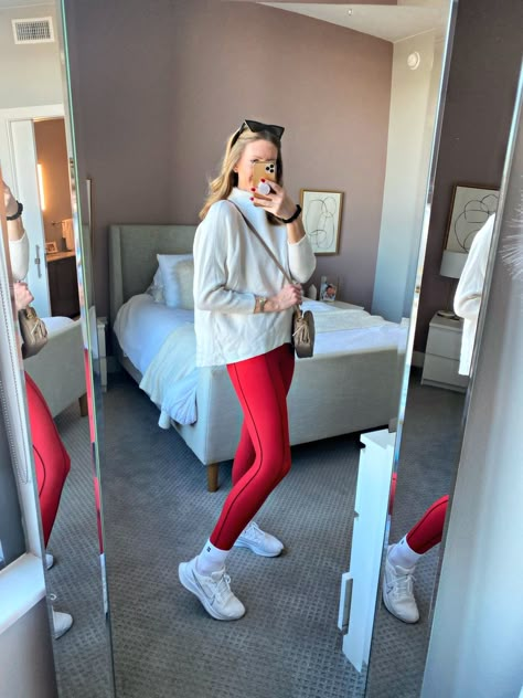 Red Legging Outfits, Red Athleisure Outfit, Red Leggings Outfit Workout, Bright Leggings Outfit, Red Leggings Outfit Winter, Red Lululemon Leggings Outfit, Red Leggings Outfit Casual, Outfits With Red Leggings, Coloured Leggings Outfit