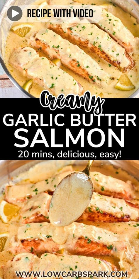 This 20-minute one-skillet salmon with creamy garlic sauce is quick to make with minimal effort. Enjoy perfectly pan-seared salmon complemented by a rich, garlicky cream sauce. It's the ultimate treat for any occasion! Baked Salmon With Garlic And Dijon, Garlic Cream Sauce For Salmon, Salmon Recipes Cream Sauce, Salmon Recipes For One Person, Recipes Using Salmon, Creamy Garlic Butter Salmon, Salmon With Sauce Recipes, Sides With Salmon Dishes, Skin On Salmon Recipes