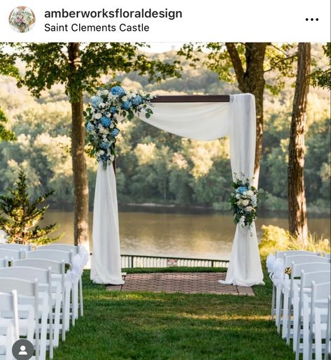 Dusty Blue Wedding Arbor, Dusty Blue Wedding Arch Ideas, Blue Hydrangea Arch Wedding, Dusty Blue And Sage Green Wedding Arch, Wedding Arch With Hydrangeas, Pergola Wedding Arch, Dusty Blue Outdoor Wedding, Blue And White Arbor Flowers, Blue And White Wedding Arch Flowers