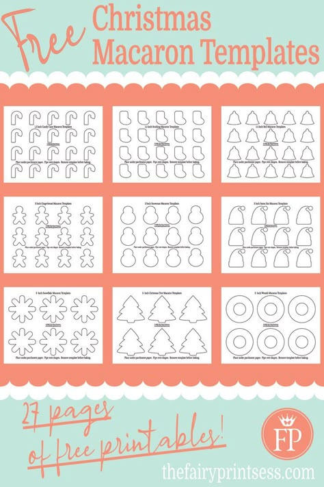 Free printable Christmas macaron templates for the holidays| Includes candy cane, stocking, bell, gingerbread man/person, snowman/person, santa hat, snowflake, Christmas tree, and wreath| Features 3 size options: 1.5 inch, 2 inch, and 3 inch| Easy to download and print high quality PDF file Halloween Macaron Template, Macaron Pattern Sheet, Christmas Tree Macaron Template, Macaron Wreath Christmas, Macaron Piping Template, Christmas Macaron Template, Macaron Shapes Templates, Macaron Template Free Printable, Macaroon Template Free Printable