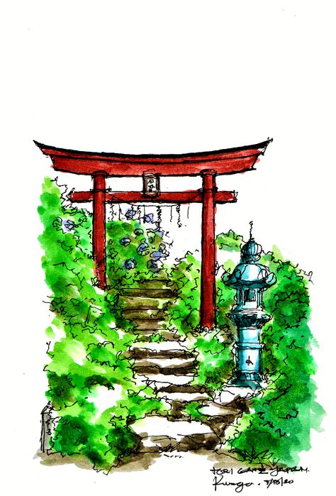 Asian Temple Drawing, Japanese Landscape Sketch, Simple Japanese Painting Ideas, Japanese Temple Watercolor, Asian Art Painting, Drawing Of Japan, Drawing Ideas Japanese, Japan Sketch Drawings, Japanese Castle Drawing