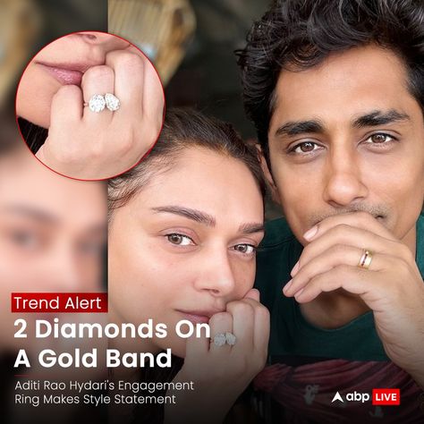 Aditi Rao Hydari officially announced her engagement to actor Siddharth via Instagram. Sharing a joyful post, they posed together, flaunting their engagement rings. Siddharth showed off a solid gold band with a red detail, while Aditi's ring had a unique dual stone design, featuring a round and teardrop-shaped diamond on a gold band. All you need to know about their engagement at the link in our bio #AditiRaoHydari #Siddharth #Bollywood #Entertainment #ABPLive Aditi Rao Hydari Wedding Photos, Aditi Rao Hydari Jewellery, Aditi Rao Hydari Traditional Look, Aditi Rao Hydari Indian, Aditi Rao Hydari As Mehrunisa, Aditi Rao Hydari, Aditi Rao, Solid Gold Band, Stone Design