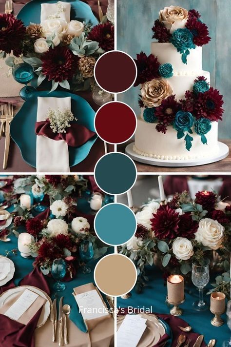 Slate Blue Sage Green Wedding, Dark Green And Teal Wedding, Dark Colors For Wedding, Teal Burgundy Gold Wedding, Wine And Teal Wedding, Burgundy Colour Scheme Wedding, February Wedding Colors Rustic, Peacock And Burgundy Wedding, Sapphire And Aquamarine Wedding Theme