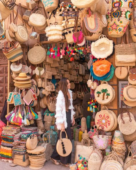 Straw bags in the Marrakech Souk. I chose the one I’m Holding here and purchased another as a gift for my sister. Souk Marrakech, Marrakech Souk, Painted Ceramic Plates, Morocco Travel, Boho Bags, Straw Bags, Gifts For My Sister, Casablanca, Marrakech