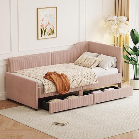 Amazon.com: Merax Twin Size Corduroy Daybed, Upholstered Day Bed Frame with 2 Large Storage Drawers, L-Shaped Sapce Saving Corner Sofabed for Kids, Teens & Adults, Wood Slat Support, Pink : Home & Kitchen Daybed Upholstered, L Shaped Sofa Bed, Day Bed Frame, Sofa Bed Frame, Rabbit Shape, Daybed With Storage, Upholstered Daybed, Twin Mattress Size, Corner Sofa Bed