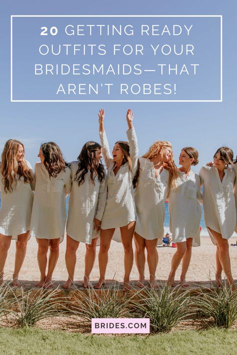 From pajama sets to rompers, we rounded up the best bridesmaids getting ready outfits that aren't robes, so your entire bridal party can match. Prep Look Wedding, Wedding Prep Outfit Bridesmaid, Diy Bridesmaid Getting Ready Outfit, Getting Ready Robes For Bridesmaids, Wedding Bridesmaid Getting Ready Outfit, Getting Ready Ideas Bridesmaids, Bachelorette Attire Ideas, Morning Of Wedding Outfit Bridal Parties, Cute Bridesmaids Getting Ready Outfits