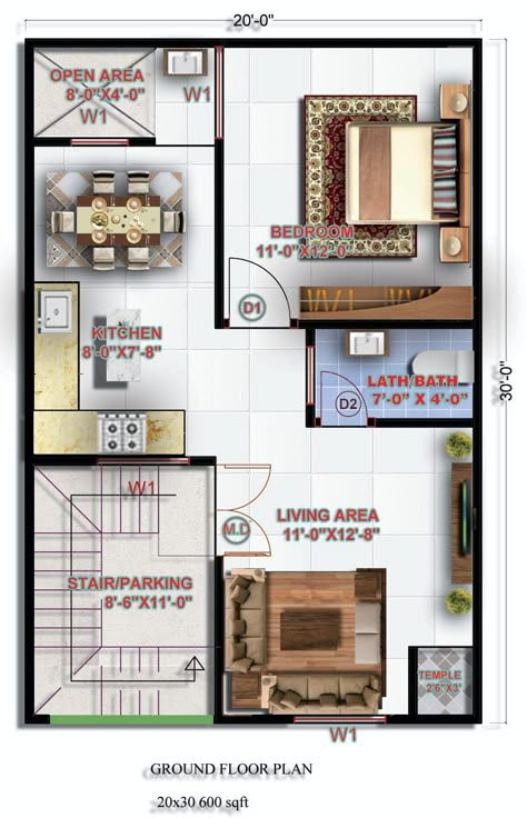 "Unlock the perfect blend of comfort and efficiency with this expertly designed 600 sq ft, 20x30 feet house plan! Ideal for small families or urban living, this plan maximizes every inch of space to offer a cozy bedroom, spacious living area, and functional kitchen. Don't wait to start your dream home project—download your ready-made PDF now from houseplanfiles.com and bring this vision to life!" This hook emphasizes the value of the plan, the convenience of having a ready-made PDF, and the ... 600 Sq Ft House Plans Indian, Spacious House Design, 20 By 30 House Plans Home, 20 30 House Plan, 20×40 House Plan, 20 X 30 Floor Plan Layout, 1 Bhk Interior Small Spaces, 20×30 House Plan, 600 Sq Ft House Plans