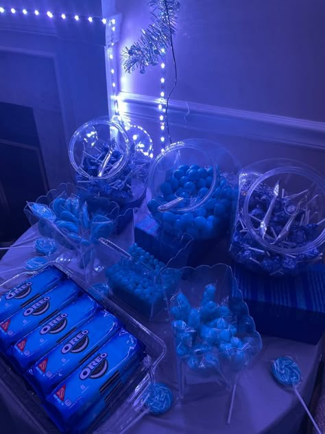 Sweet 16 Themes Blue, All Blue Birthday Party, Sweet 16 Party Decorations Ideas Blue, Blue And Silver Sweet 16 Decorations, Black And Blue Themed Birthday Party, Blue Disco Theme Party, Dark Blue And Silver Birthday Theme, Blue Sleepover Party, 13 Shades Of Blue Party