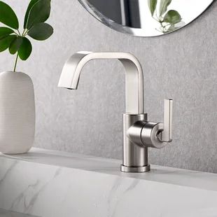 organnice Solid Brass Wall Mounted Bathroom Faucet | Wayfair Satin Nickel Bathroom Fixtures, Bathroom Fixtures Brushed Nickel, Bathroom Sink Faucets Modern, Bathroom Sink Faucets Chrome, Brushed Nickel Bathroom, Restroom Design, Wall Mount Faucet Bathroom, Single Handle Bathroom Faucet, Chrome Faucet