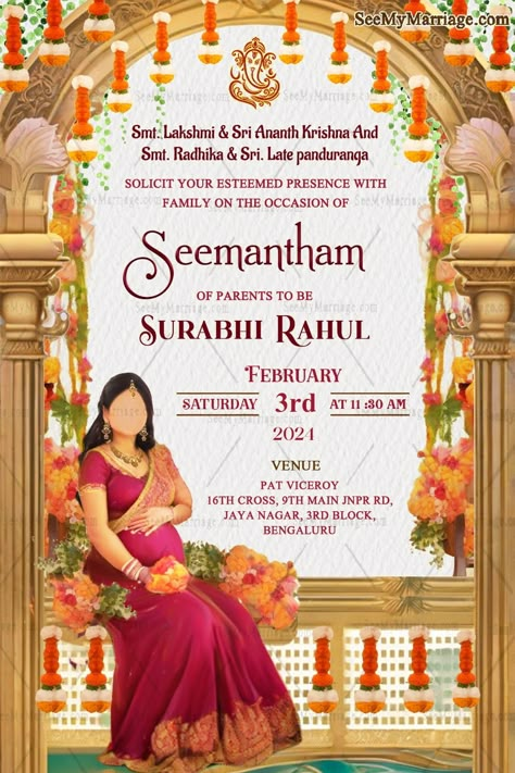 Traditional Caricature Baby Shower Invitation with Marigold and Golden Arch – SeeMyMarriage Baby Shower Ideas Invitation, Baby Shower Invitation Cards Indian, Sreemantham Invitation Card, Bangle Ceremony Invitation Card, Seemantham Invitation Card, Baby Shower Digital Invitations, Babyshower Invites, Indian Baby Shower Invitations, Baby Shower Card Ideas