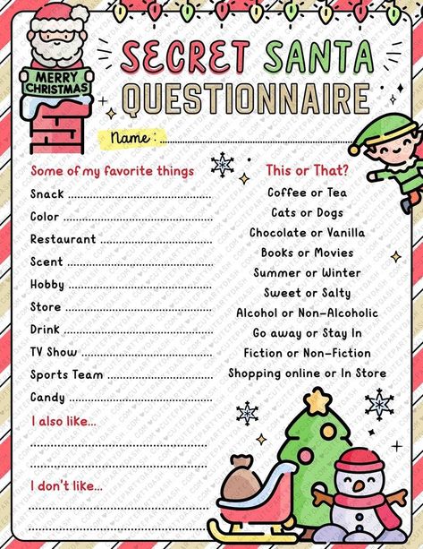 Christmas Secret Santa Questionnaire Printable Secret Santa - Etsy Secret Santa Template Free Printable, Secret Santa Questionnaire For Family, Christmas Gift Questionnaire, Secret Santa Questionnaire For Coworkers, Secret Santa Questionnaire Printable, Secret Santa Questions, Secret Santa Templates, Secret Santa Form, Secret Santa List