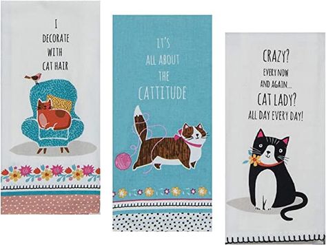 Amazon.com: 3 Cat Themed Decorative Cotton Kitchen Towels with Sayings Set | 1 Flour Sack, 2 Tea Towels for Dish and Hand Drying | by Kay Dee Designs : Home & Kitchen Towel Curtains, Food Storage Rooms, Cat Tea Towel, Cat Kitchen, Cat Dishes, Great Cat, Whimsical Cats, Tea Towel Set, Towel Collection