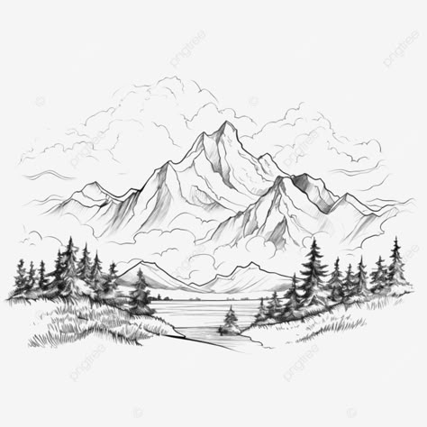 nature mountain line art Mountain Tattoo Stencil, Mountain Sketch Simple, Mountain Reference, Mountain Range Drawing, Mountain Drawings, Mountain Landscape Drawing, Mountain Line Drawing, Landscape Line Art, Tree Line Drawing