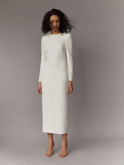 Midi Winter Wedding Dress, White Formal Dress With Sleeves, Maria Fekih Wedding Dresses, White Dress Outfit Formal, White Midi Dress Classy, White Midi Dress With Sleeves, Maria Fekih, White Midi Dress Long Sleeve, Bodycon Midi Dress Outfit