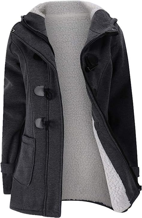 JiangWu Womens Fashion Horn Button Fleece Thicken Coat with Hood Winter Warm Jacket (X-Large, Dark-gray) at Amazon Women's Coats Shop Winter Jackets For Women, Jacket Outfit Ideas, Placket Design, Toggle Coat, Sherpa Lined Jacket, Fleece Jacket Womens, Cozy Jacket, Coat With Hood, Pakistani Fashion Party Wear