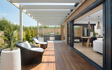 Dennis Family Homes timber pergola Narrow Alfresco Ideas, L Shaped Alfresco, Timber Pergola Ideas, Timber Alfresco, Alfresco Ideas Australia, Verandah Ideas, Backyard Modern, Alfresco Designs, Alfresco Decking