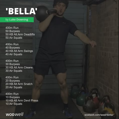 "Bella" Workout, CrossFit WOD | WODwell - 400m Run; 50 Burpees; 50 KB Alt Arm Deadlifts; 50 Air Squats; 400m Run; 40 Burpees; 40 KB Alt Arm Swings; 40 Air Squats; 400m Run; 30 Burpees; 30 KB Alt Arm Cleans; 30 Air Squats; 400m Run; 20 Burpees; 20 KB Alt Arm Snatch; 20 Air Squats; 400m Run; 10 Burpees; 10 KB Alt Arm Devil Press; 10 Air Squats Kb Arm Workout, Running Crossfit Workout, Sandbag Workout Crossfit, Back Squat Workout Crossfit, Running Wods Crossfit, Devil Press Workout, Kb Wod, Running Wod, Hyrox Workout