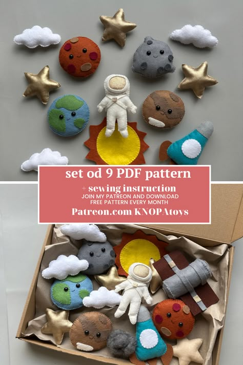 Well-Explained Instructions ✷ baby felt garland or baby mobile would be easy to make with this pattern! Well-explained, easy-to-follow, and definitely will give you a cute result, these patterns, and instruction PDF will help you make your crib nursery decor! Join my Patreon and learn to sew with felt. Felt Crafts Cricut, Felt Patterns Templates, Baby Toys Sewing Patterns, Homemade Felt Toys, Hand Sewn Felt Projects, Diy Baby Gifts For Boys, Felt Toys For Kids, Sewing Kids Toys, Nursery Sewing Projects