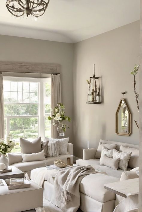 Timeless look, Best greige paint colors, Benjamin Moore, 2024 Benjamin Moore Paint Colors Greige, Mushroom Paint Color Benjamin Moore, Greige Paint Benjamin Moore, Living Room Inspiration Beige Walls, Benjamin Moore Beige Colors Living Room, Lick Greige Living Room, Neutral Home Wall Colors, Greige Wall Paint, Ashen Tan Benjamin Moore