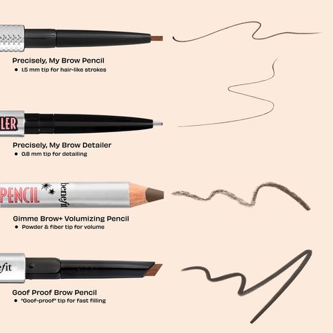 Discover which brow pencil is for YOU! 😍 Precisely, My Brow Pencil: Achieve natural brows with this 1.5mm tip. Precisely, My Brow Detailer: Get into the fine details with this .8mm tip to achieve your dream brow. Gimme Brow+ Volumizing Pencil: Fluffy, textured brows is easily achieved with this fiber powder brow pencil. Goof Proof Brow Pencil: Effortlessly fill in your brows with this large triangular tip. Pencil Brows, Brown Hair Tones, Benefit Goof Proof, Goof Proof Brow Pencil, Fiber Powder, Precisely My Brow Pencil, Mac Lip, Gimme Brow, Waterproof Eyebrow Pencil