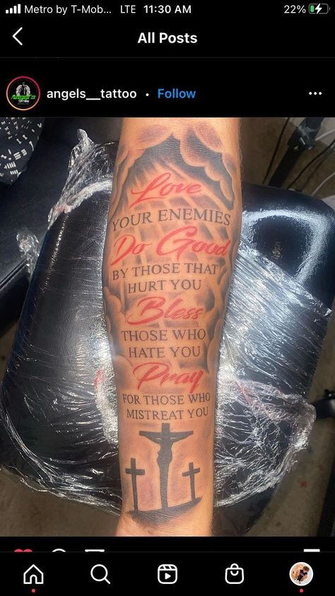 Arm Tattoo Men Bible Verse, Lower Sleeve Tattoo Men, Love Your Enemies Tattoo, Guys Arm Tattoos, Tattoos Arms, Tattoos For Guys Forearm, Tattoos Half Sleeve, Angle Tattoo, Pine Tattoo