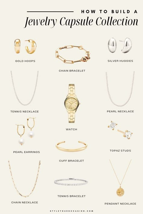 Are you working on building a classic jewelry capsule wardrobe that’s minimal and effortlessly chic? Take inspiration from this guide on my minimalist jewelry capsule collection, filled with high-quality and affordable pieces! Find the best basic jewelry essentials and staple jewelry pieces in gold and silver for the ultimate chic jewelry style. Chic style, dream jewelry, Classic jewelry essentials Business Casual Jewelry Accessories, How To Build A Jewelry Collection, Jewellery Capsule Wardrobe, Classy Everyday Jewelry, Jewelry For Work, Capsule Jewelry Collection, Gold Everyday Jewelry, How To Style Jewelry, Jewelry Information