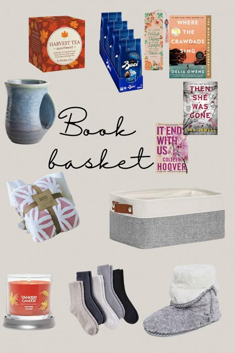 Make someone you love a book basket to show how much you care. Here are some ideas! #books #booklover #giftideas #giftforher #lovebooks Themed Book Baskets, Book Lovers Basket Gift Ideas, Vegan Gift Basket Ideas, Book Lover Gift Basket Ideas, Christmas Book Basket, Book Basket Exchange, Book Basket Gift Ideas, Journal Gift Basket, Book Lover Gift Basket