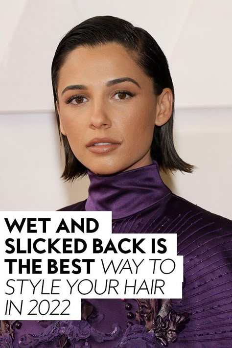 This out-of-the-shower wet hair look has elevated from crunchy curls to a slicked back long hair style. #hairtips #hairinspiration Slicked Wet Hair Look, Slicked Back Hair Short For Women, Slick Back Wet Hair Look Short, Slicked Back Wet Hair Look, Wet Hair Look On Short Hair, Short Hair Wet Hairstyles, Slicked Back Shoulder Length Hair, How To Slick Hair Back, Slicked Bob Short Hair