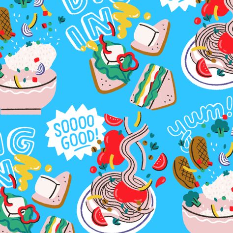 A vibrant illustrated pattern inspired by meals and snacks that are both healthy and yummy!  Digital illustration created with Procreate app | ellalama.com Food Pattern Illustration, Snacks Illustration, Meal Illustration, Imperfect Art, Illustrated Pattern, Inktober 2024, Food Patterns, Hand Lettering Quotes, Food Illustration