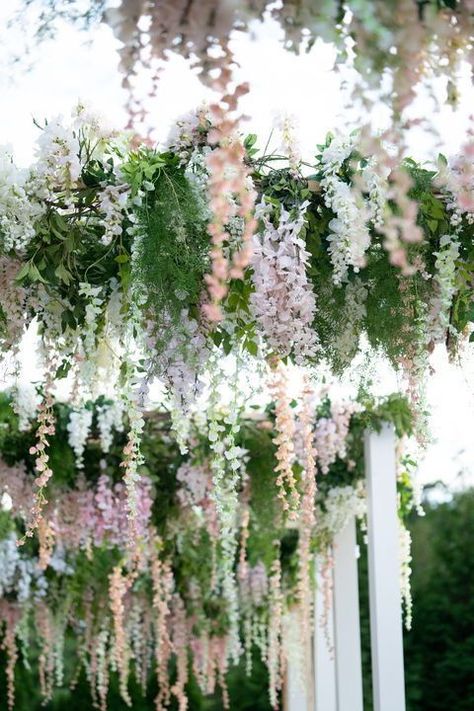 Spring Inspired Wedding Decor, Hanging Florals Wedding Tent, Floral Tent Decorations, Hanging Wisteria Wedding Tent, Draping Flowers Wedding, Dangling Flowers Wedding, Outdoor Garden Reception, Flower Canopy Wedding, Hanging Hydrangeas Wedding