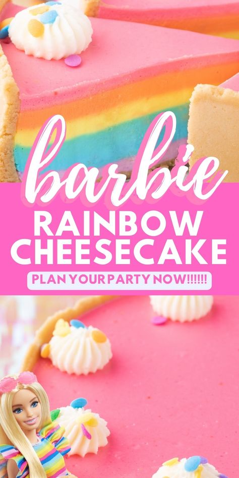 How to make a show-stopping Barbie No Bake Rainbow Cheesecake Barbie Cheesecake, Barbie Recipes, Rainbow Cheesecake, Condensed Milk Cookies, Rainbow Desserts, Barbie Inspired, Fruit Toppings, Vanilla Flavor, Rainbow Food