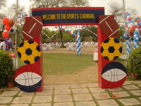 Sports Theme Hang pairs of high tops or cleats by their laces throughout the party area. Make sure you provide helmets and kneepads too. Quiz competition, chess, badminton, skipping ropes, basket ball and other games can be arranged for fun. Sweatbands, basketball, soccer ball, Water bottles, could be offered as remembrance of the party. Get your party decorated with creative theme by us in Delhi, Faridabad, Noida, Gurgaon and NCR. Sport Decorations Ideas Party, Diy Sports Theme Party Decorations, Sports Day Decoration School, School Sports Day Decoration, Sports Meet Decoration Ideas, Annual Sports Day Decoration, Sports Day Ideas, Sports Day Games, Sports Day Decoration