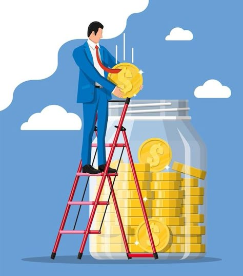 Vector businessman putting big dollar co... | Premium Vector #Freepik #vector #money-jar #saving-money #saving #savings-account Investment Illustration, Money Clipart, Visiting Card Templates, Jar Saving, Money Jar, Business Card Set, Money Icons, Savings And Investment, Symbol Of Wealth