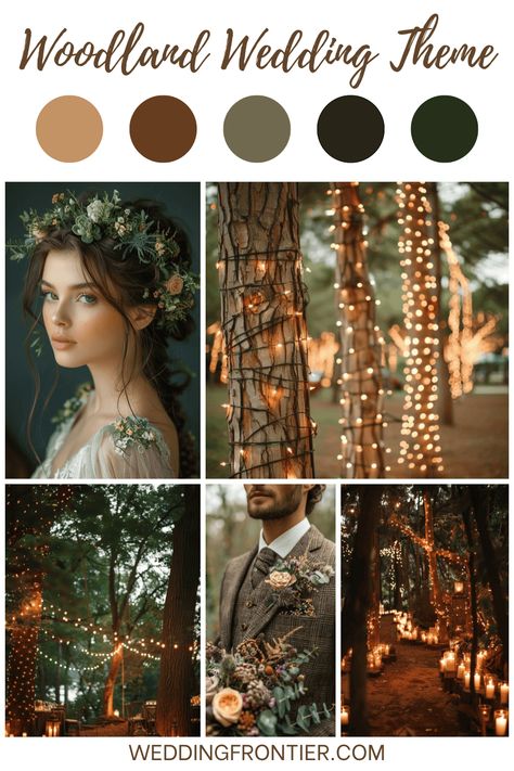 Dreaming of a wedding that's not just an event but an enchanting forest tale? A woodland wedding theme might just be the magical setting you're looking for. May Forest Wedding, Inside Forest Wedding, Forest Color Palette Wedding, Forest Theme Wedding Colors, Whimsical Wedding Palette, Witchy Woods Wedding, Boho Enchanted Forest Wedding, Forest Wedding Mood Board, Boho Wedding Forest