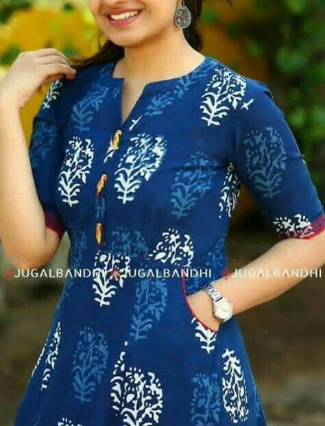 Chudithar Front Neck Designs Cotton, Cotton Kurthis Models, Chudidar Neck Designs Latest Cotton, Chudithar Neck Designs Cotton Simple, Jaipuri Kurti Designs Latest, Indigo Kurti Designs Latest, Chudidar Neck Designs Latest Pattern, Latest Kurti Patterns Cotton, Cotton Kurti Neck Designs Latest Fashion