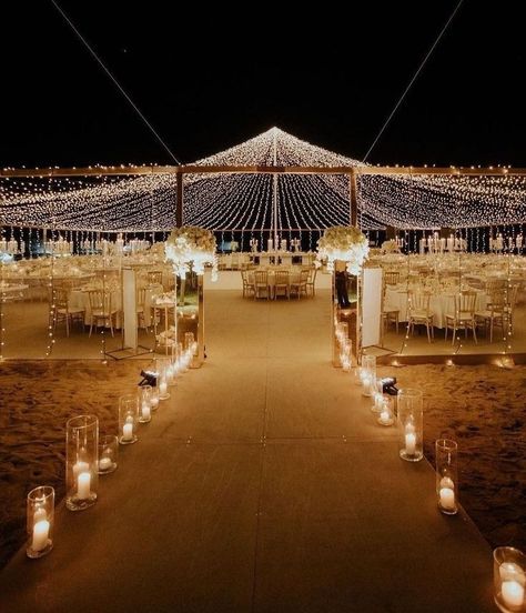 Outdoor Sangeet, Night Beach Weddings, Wedding Installations, Reception Stage, Wedding Setup, Dream Beach Wedding, Lights Wedding Decor, Stage Decor, Wedding Planning Decor