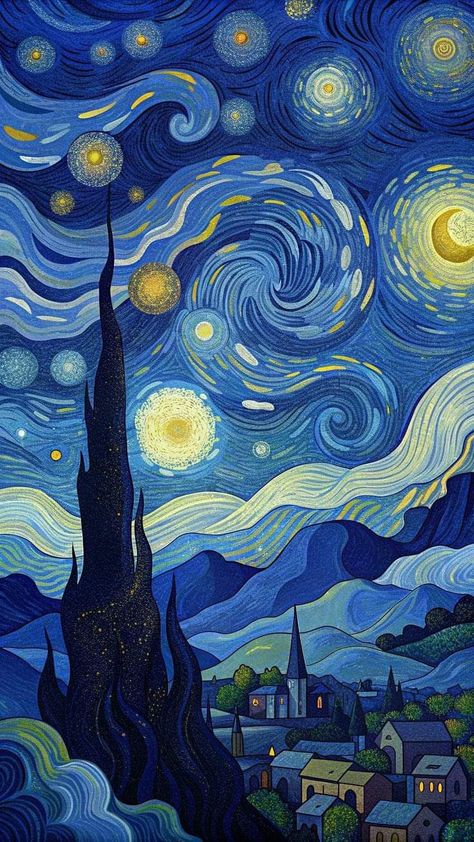 Blue Wallpaper Van Gogh, Notte Stellata Van Gogh Wallpaper, A Starry Night Wallpaper, Stary Night Paintings, Van Gogh Wallpaper Aesthetic, The Starry Night Wallpaper, Van Gogh Paintings Wallpaper, Pintura Van Gogh, Van Gogh Iphone Wallpaper