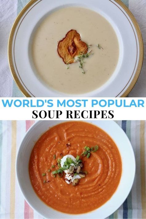 Looking for the top 10 best ever most popular soups in the world? Our comprehensive recipe guide features quick & easy homemade soups inspired by our culinary travels in Latin America, Europe, Africa, Asia and the Middle East. Soup and stew is the best healthy, low calorie lunch or dinner idea for families looking to enjoy comfort foods. Our recipes can be made in crock pots, slow cookers, Instant Pot or over the stove in a dutch oven. Many are healthy vegan, vegetarian and gluten free recipes. Soups Of The World, European Soup Recipes, Healthy Low Calorie Lunch, Winter Soup Recipes Healthy, Popular Soups, Soup Recipes Healthy Vegetarian, Low Calorie Lunch, Easy Homemade Soups, Easy Healthy Soup