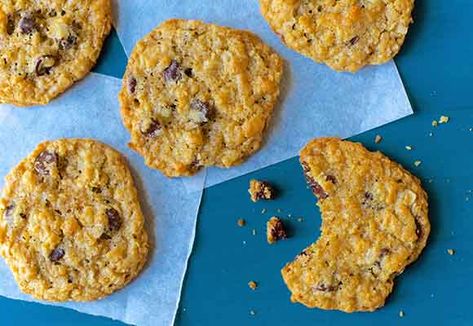 These Ranger Cookie favorites are filled with oats, coconut, chocolate chips, and crispy rice cereal. Ranger Cookies Recipe, Ranger Cookie, Ranger Cookies, Chocolate Hazelnut Cookies, King Arthur Recipes, King Arthur Flour Recipes, Cereal Cookies, Hazelnut Cookies, King Arthur Baking