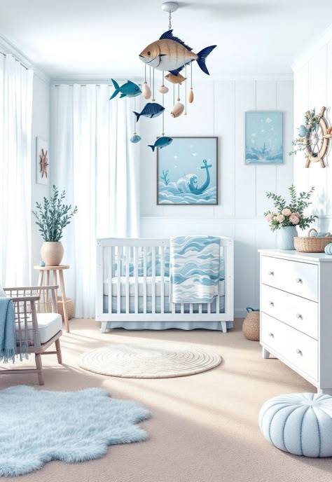 Nursery Room Ideas Shark Nursery Baby Boy, Nursery Ideas Ocean Theme, Sea Themed Nursery Gender Neutral, Baby Nursery Ocean Theme, Ocean Theme Nursery Boy, Baby Boy Ocean Theme Nursery, Lake Themed Nursery, Nursery Ideas Under The Sea, Nursery Sea Theme