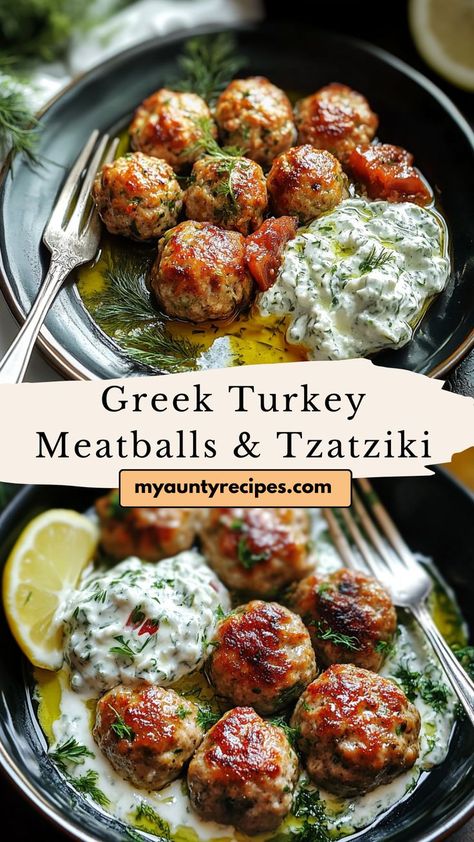 Enjoy a taste of the Mediterranean with our Savory Greek Turkey Meatballs & Tzatziki Sauce! These flavorful meatballs are made with lean turkey and infused with traditional Greek spices, making them a healthy and delicious option for dinner. Paired with a creamy, refreshing tzatziki sauce made from yogurt, cucumber, and herbs, this dish is perfect for serving as an appetizer or main course. Meal Prep For Family, Turkey Meatball Sauce, Christmas Day Recipes, Greek Meatballs Recipe, Greek Turkey Meatballs, Greek Board, Greek Spices, Mediterranean Appetizers, Greek Dinner