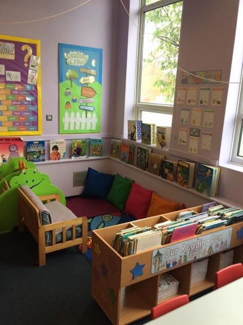 Daycare Cozy Corner Ideas, In Home Daycare Layout, Daycare Setup Layout, Daycare Stations Center Ideas, I’m Home Daycare Set Up, Toddler Classroom Layout, In Home Daycare Ideas Small Spaces, Daycare Exterior, Montessori Library