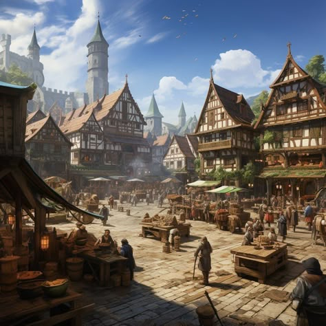 Medieval City Landscape, Dungeons And Dragons Landscape, Fantasy Town Art, Medieval Village Art, Fantasy Capital, Village Rpg, Dnd Town, Dnd Buildings, Vila Medieval