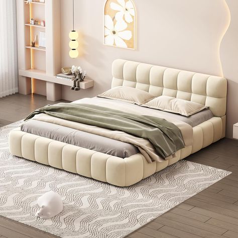 DEINPPA Queen Size Upholstered Platform Bed with Cloud Soft Headboard, Grounded Upholstered Wood Base Bed Frame, Italian Style Modern Beds-Beige Low Platform Bed, Bed Platform, Queen Size Platform Bed, Queen Upholstered Bed, Beige Bed, Fabric Headboard, Queen Size Bed Frames, Floor Bed, Wooden Bed Frames