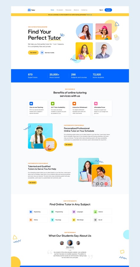 Online Tutor Website Design, One Page Landing Page Design, Website Landing Page Inspiration, Tutoring Website Design, Landing Pages Ui, Tutor Website Design, Website Page Layout, Website Design Homepage, Colorful Landing Page