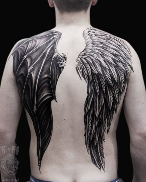 Dragon Wing Tattoo On Back, Angel Wings Tattoo Man, Masc Tattoos, Angle Wing Tattoos, Angel Tattoo Arm, Small Angel Tattoo, Angel Wings Tattoo On Back, Angel Back Tattoo, Guardian Angel Tattoo Designs