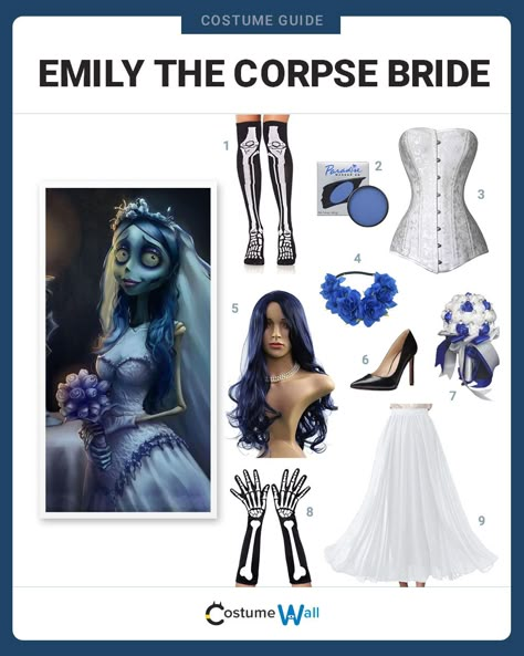 The best costume guide for dressing up like Emily the Corpse Bride. Cosplay the character from Tim Burton's 2005 stop-motion film. The Corps Bride Costume, Tim Burton Corpse Bride Costume, Tim Burton Character Halloween Costumes, Corpes Bride Cosplay, Halloween Corpse Bride Costume, Corps Bride Halloween Costume, Corpse Bride Halloween Costume Diy, Emily Costume Corpse Bride, Corpse Bride Outfit Ideas