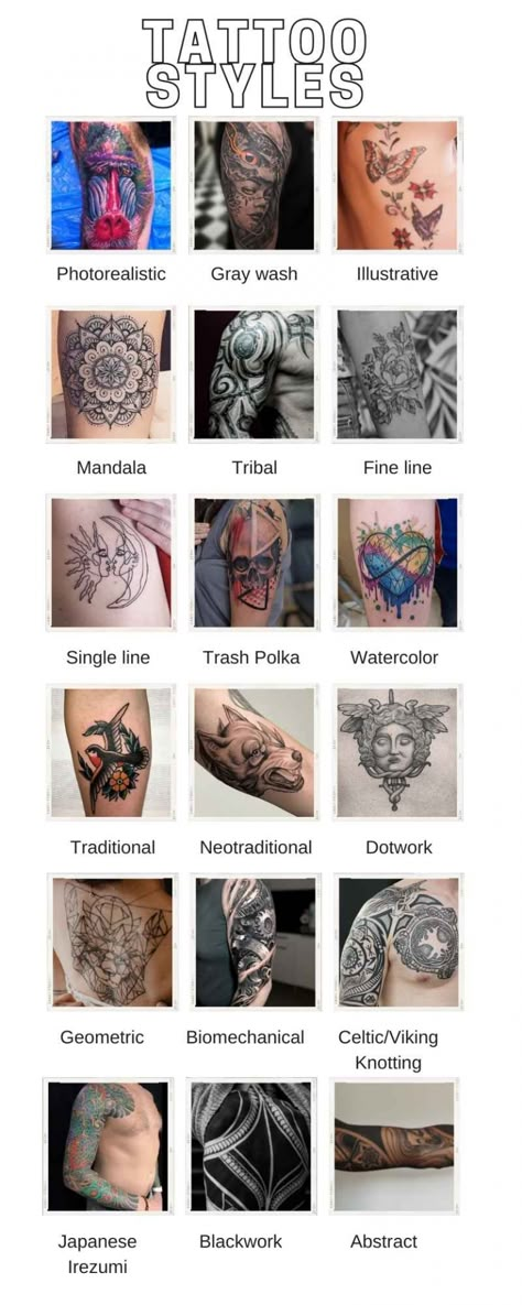 Different Kinds Of Tattoos, Different Style Tattoos Together, List Of Tattoo Styles, Tattoo Art Reference, Tattoo Art Styles Names, Different Styles Of Tattoos Chart, Kinds Of Tattoos Style, Styles Of Tattooing, What Are The Different Styles Of Tattoos